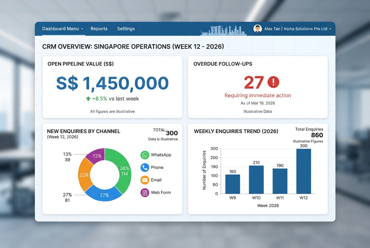 Customer Relationship Management: A Practical Guide for Singapore Businesses 2 Illustration: A mock-up of a weekly CRM dashboard with four tiles: open pipeline value in S$, overdue follow-ups count, new enquiries split by channel (WhatsApp, phone, email, web), and a simple bar c