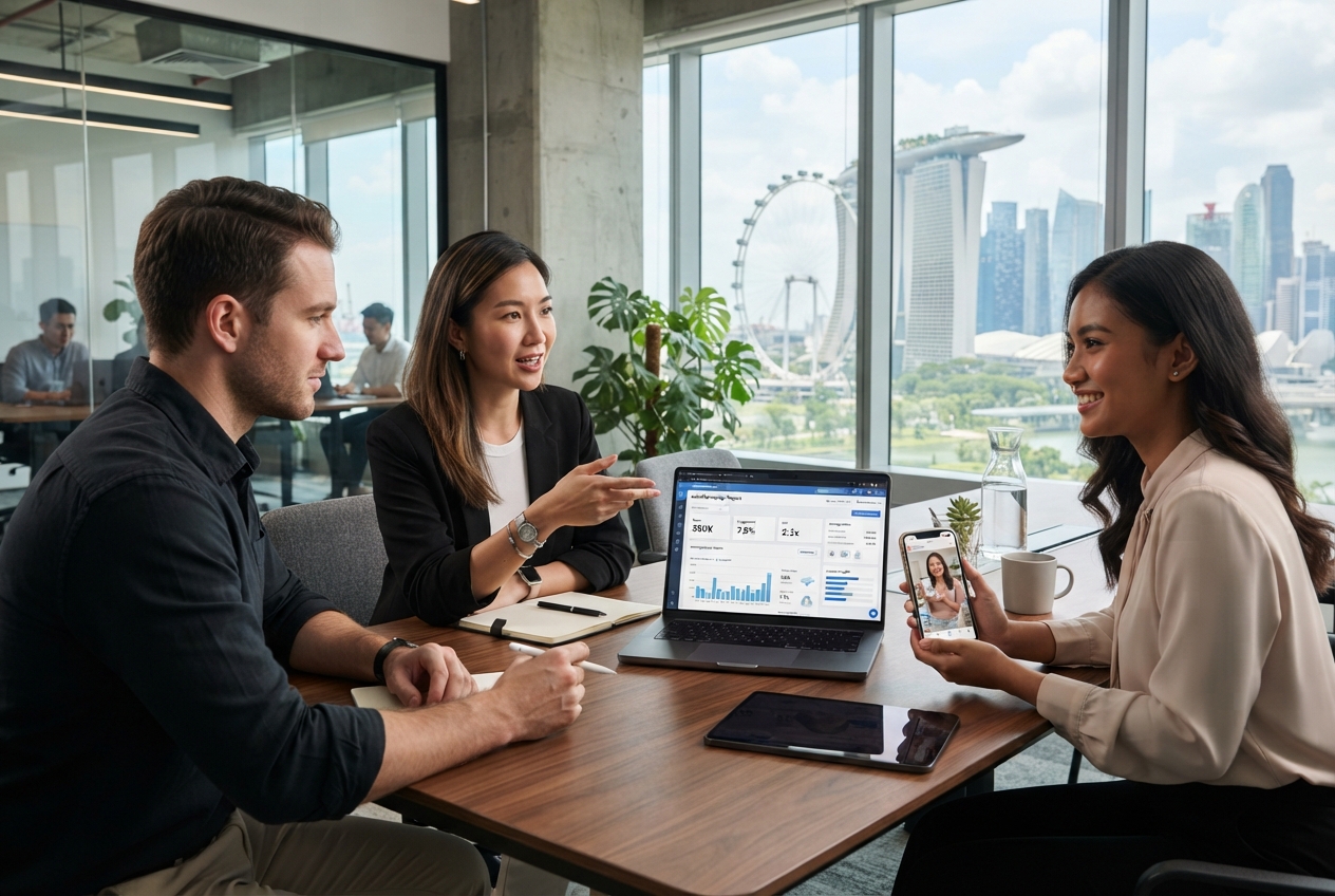 How to Choose an Influencer Marketing Agency in Singapore (2026 Guide) 1 Influencer marketing team in Singapore reviewing campaign analytics and creator content during a business meeting.