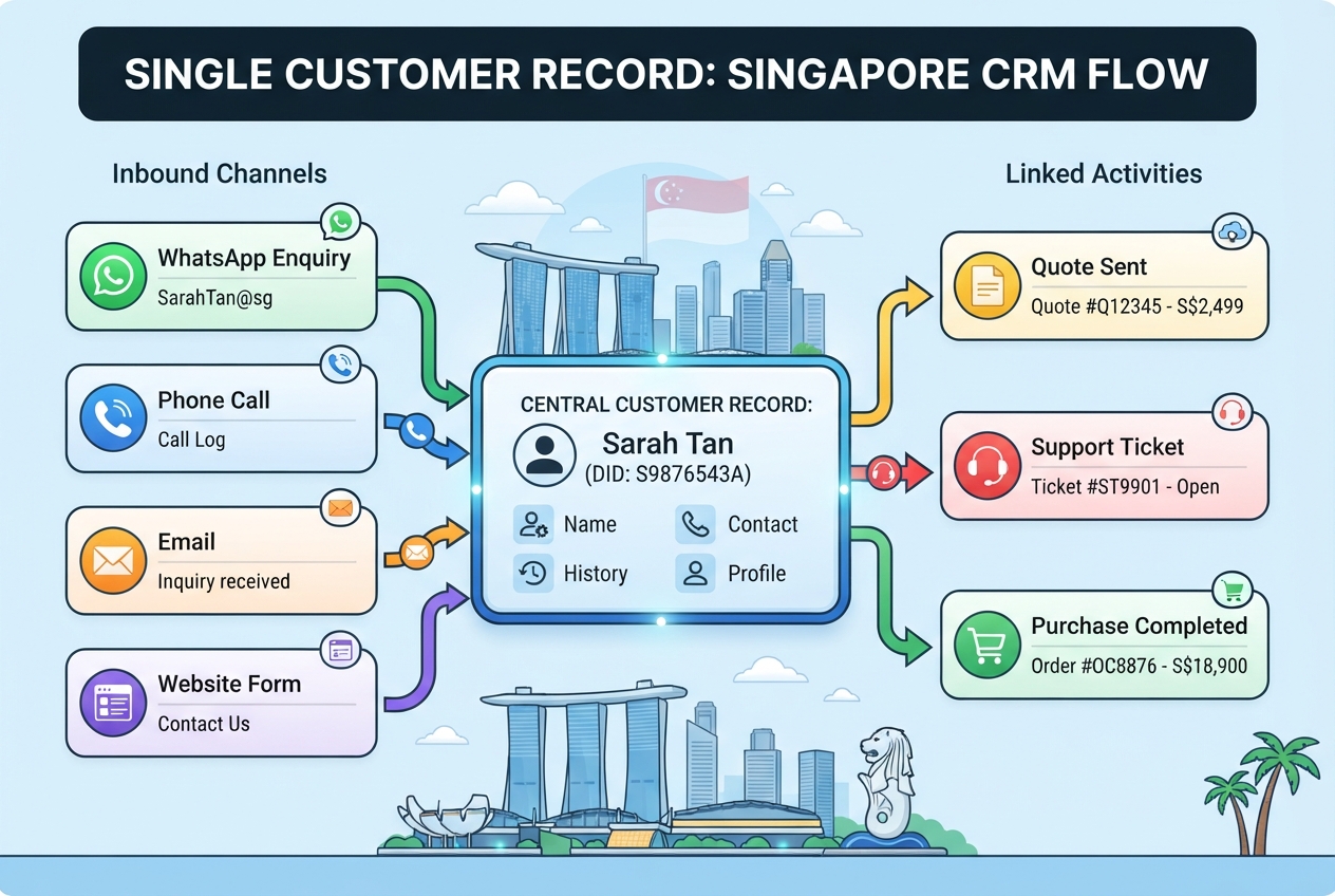Customer Relationship Management: A Practical Guide for Singapore Businesses 1 Illustration: A simple flow diagram showing a single customer record at the centre, with arrows connecting inbound channels (WhatsApp enquiry, phone call, email, website form) into the record, and lin