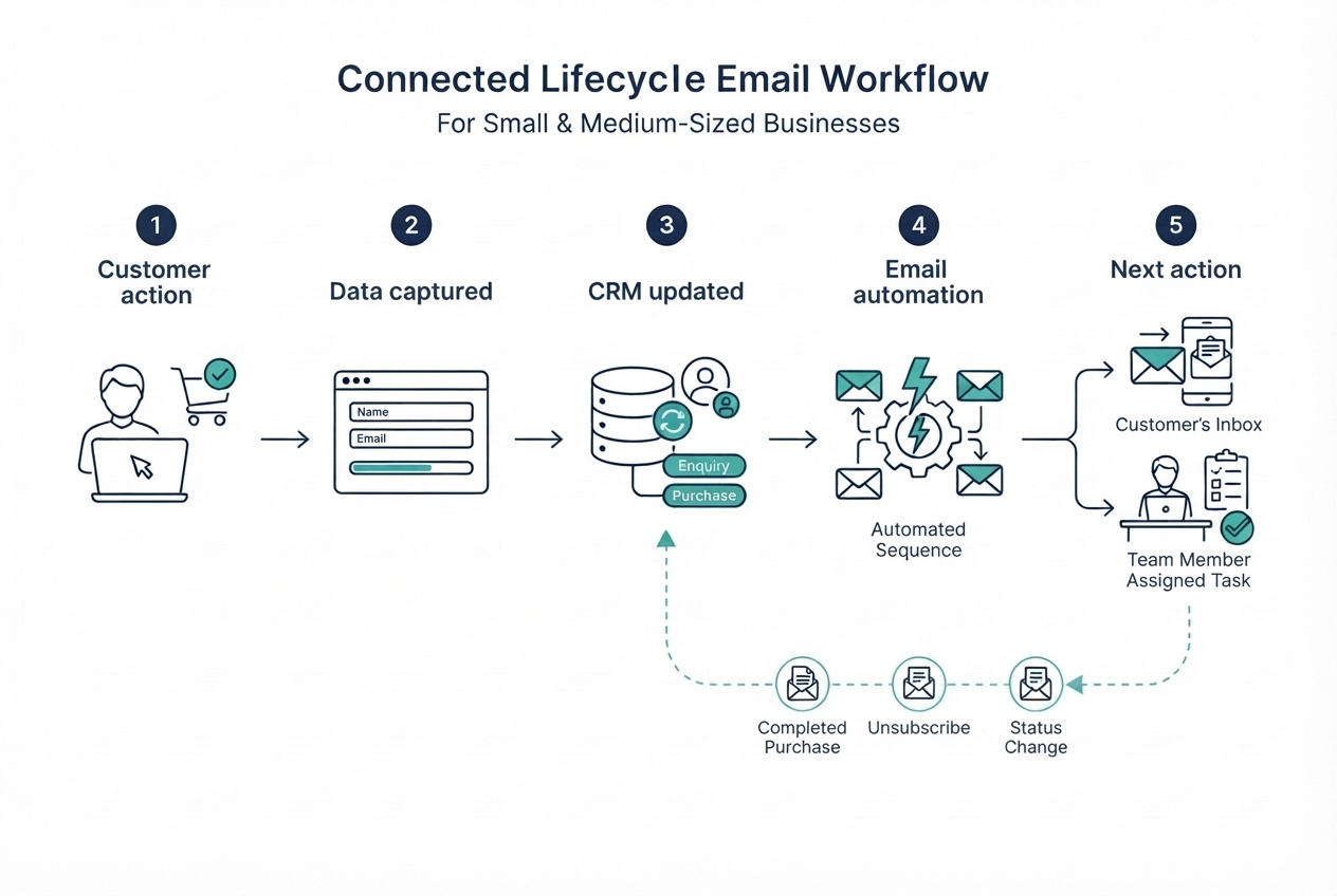 Email Marketing Lifecycle: 4 Essential Stages for Better Results 2 Email automation workflow connecting a website, customer relationship management system, email platform and team follow-up actions.