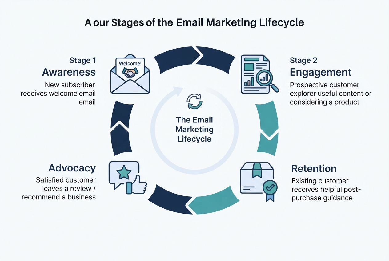 Email Marketing Lifecycle: 4 Essential Stages for Better Results 1 Infographic showing the four stages of the email marketing lifecycle: awareness, engagement, retention and advocacy.Topic: The four stages of the email marketing lifecycl