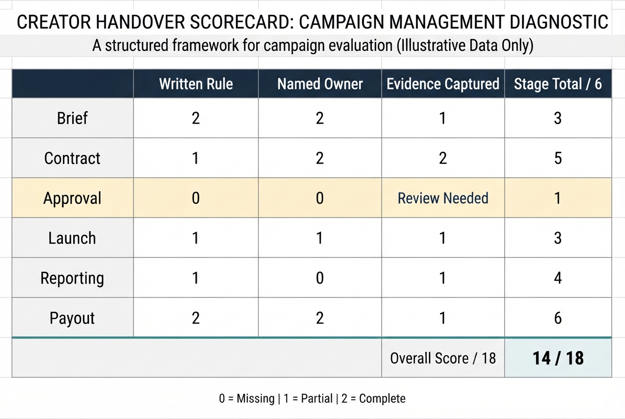 Influencer Campaign Management: A Practical Guide for Singapore Brands 2 Influencer Campaign Management scorecard showing six campaign stages, scoring criteria and overall readiness.